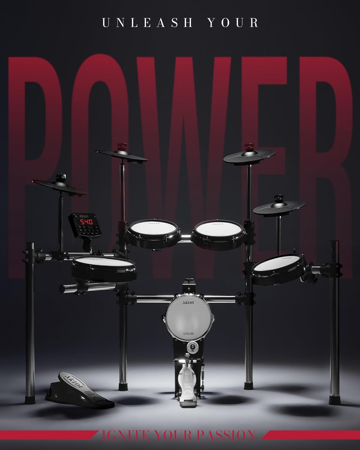 AKLOT Electric Drum Set with Kick-Tower: 4 Dual Zone Mesh Pads, 8’’ Tower-Style Kick Drum, 10’’ Snare, Dual Zone 10’’ Cymbals with Choke, 360 Sounds, User Kit, USB-MIDI, Throne, B-CORE 540 Air, Silver