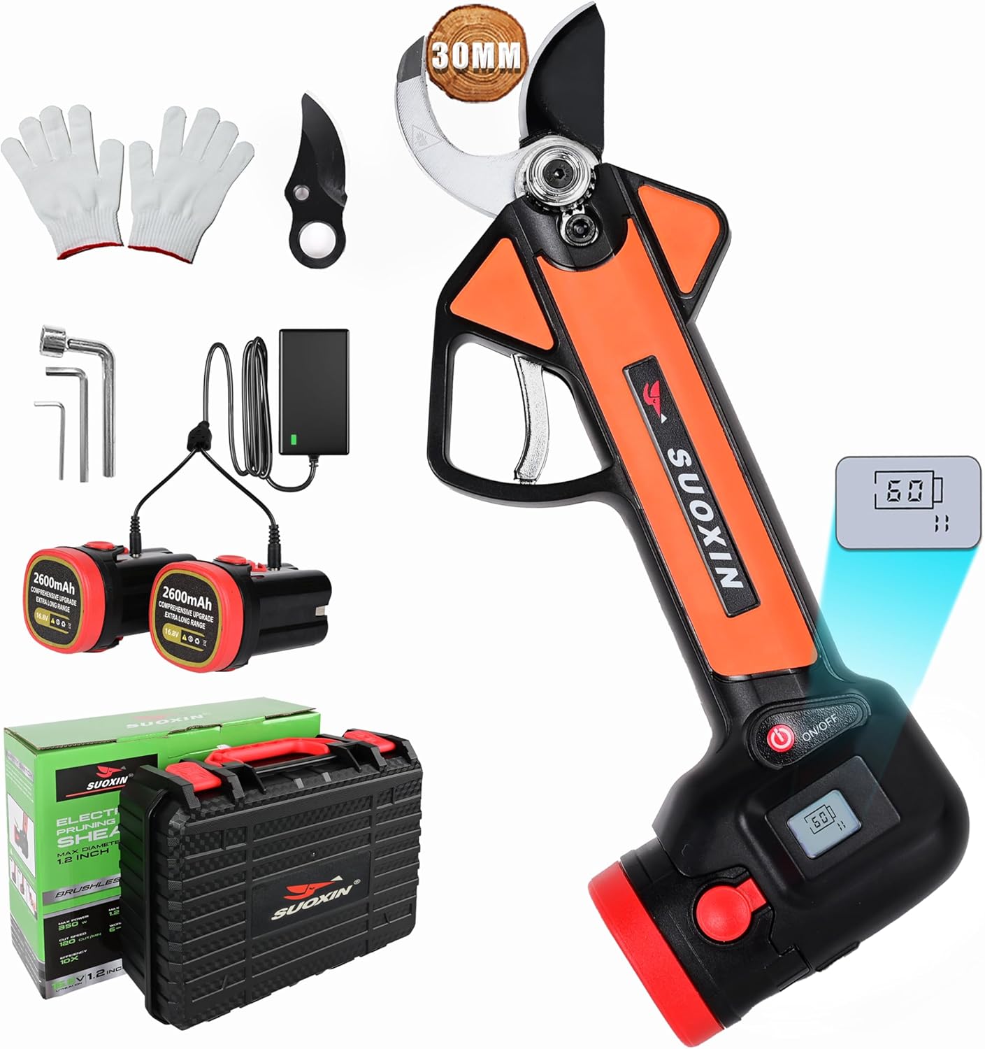 Cordless Electric Pruning Shears with LCD Display, 16.8V Brushless Motor, 1.2