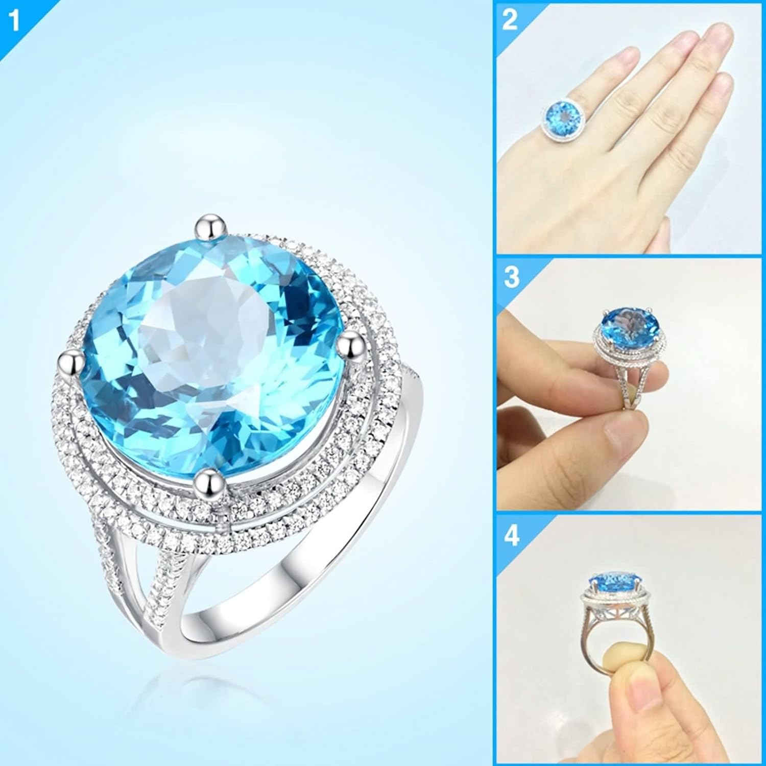 Engagement Rings for Women Halo, 18K White Gold Ring Round Brilliant 12ct Big Blue Topaz Gift for Her