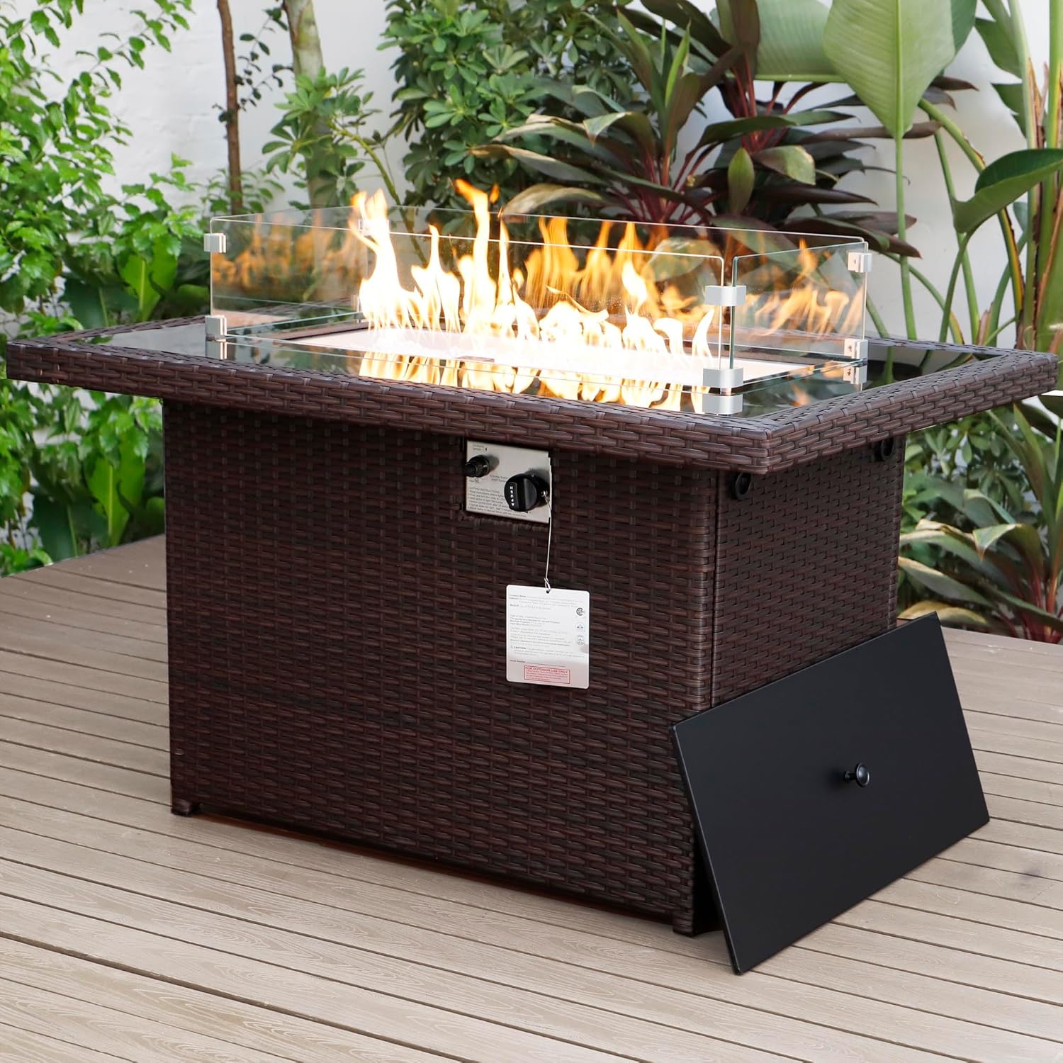 NICESOUL Wicker Outdoor Fire Pit Table Natural Gas/Propane, 43'' Rectangular Firepit Table for Outside, 60000 BTU Patio Fireplace Tables with Windguard&Glass Rocks&Cover, Modern CSA Firepits, Brown