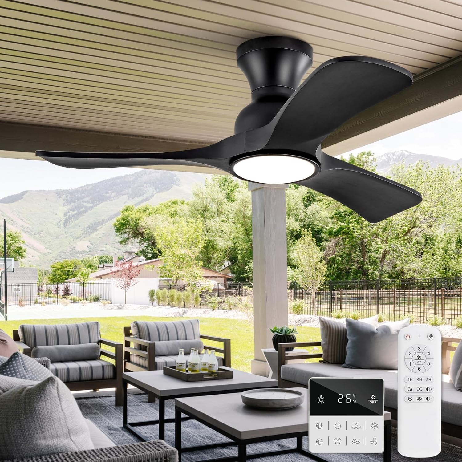 36 inch Black Ceiling Fans with Lights Flush Mount, Solid Wood,Remote Control,Wall Switch,Dimmable,Reversible,Noiseless,Power Off Memory Modern Ceiling Fan Low Profile for Bedroom Indoor/Outdoor