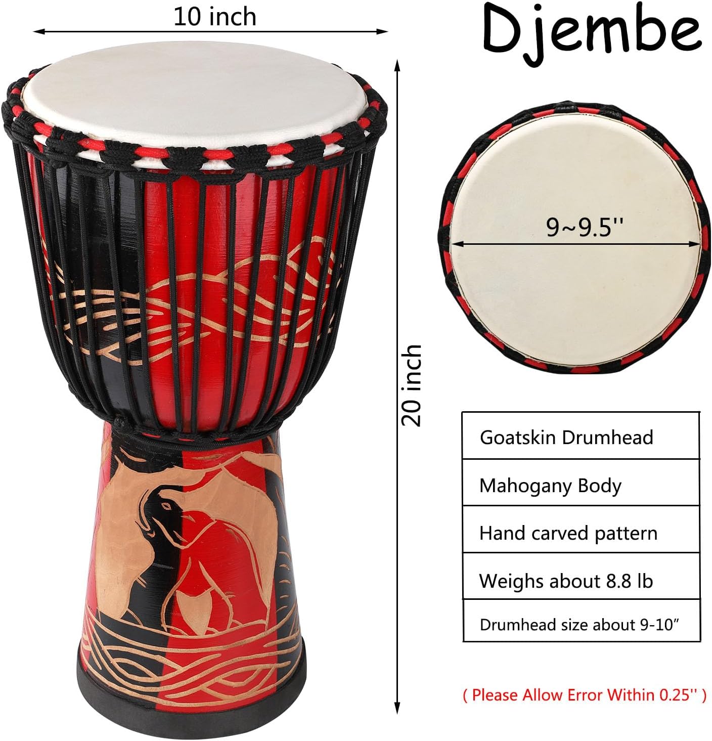 LIEKE Djembe Drum 10'' x 20'' African Drum Carved of Mahogany Goatskin Drumhead Hand Drum for Adults Beginners (Red)
