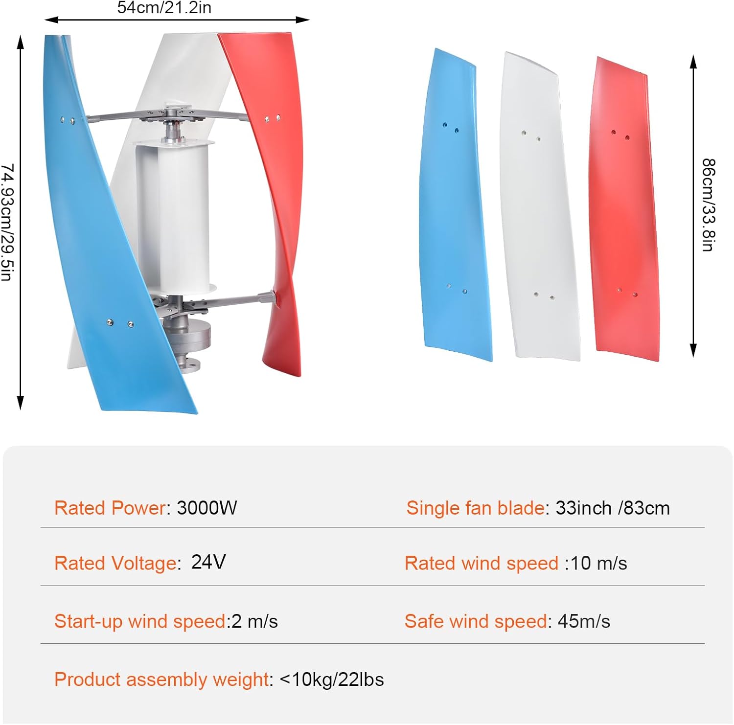 Vertical Wind Turbine - 3000W 24V 3 Leaves Wind Generator | Household Windmill, AC Permanent Magnet Generator Kit for Home, Street, Boat