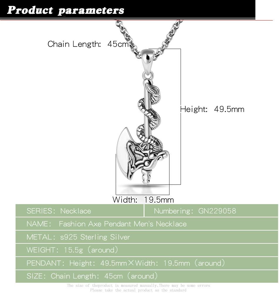 Dankadi Personalized Men's Charm Jewelry 925 Sterling Silver Necklace Vintage Style Dragon Shaped Axe Pendant Necklace 18''-28''O Chain Accessory Gift