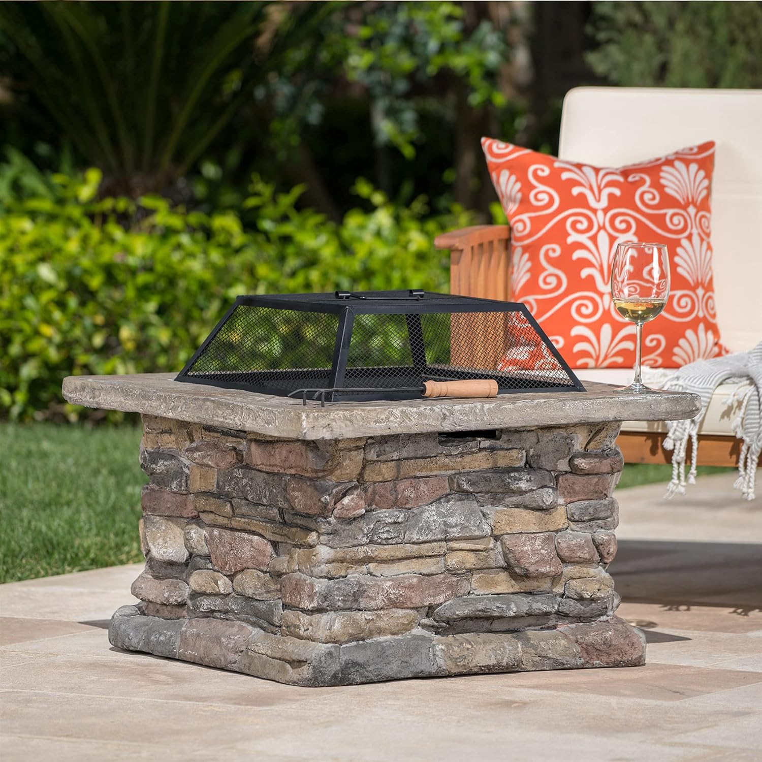 Fire Pit Table Set w/Spark Screen, Fireplace Poker, Grill Grate, Outdoor Wood Burning Bonfire Firebowl, for Patio,Backyard,Garden,Beach,Camping,Picnic