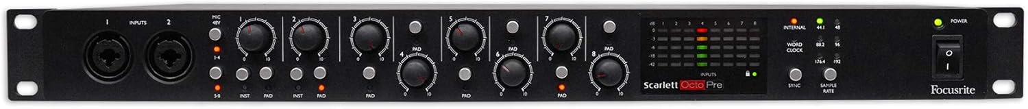 Focusrite Scarlett OctoPre 8-Channel Microphone Mic Preamp w/ADAT 192 kHz 109dB Bundle with (8) RockvilIe RCXFM20E-B 20 Foot Female to Male XLR Mic Cable Black 100% Copper