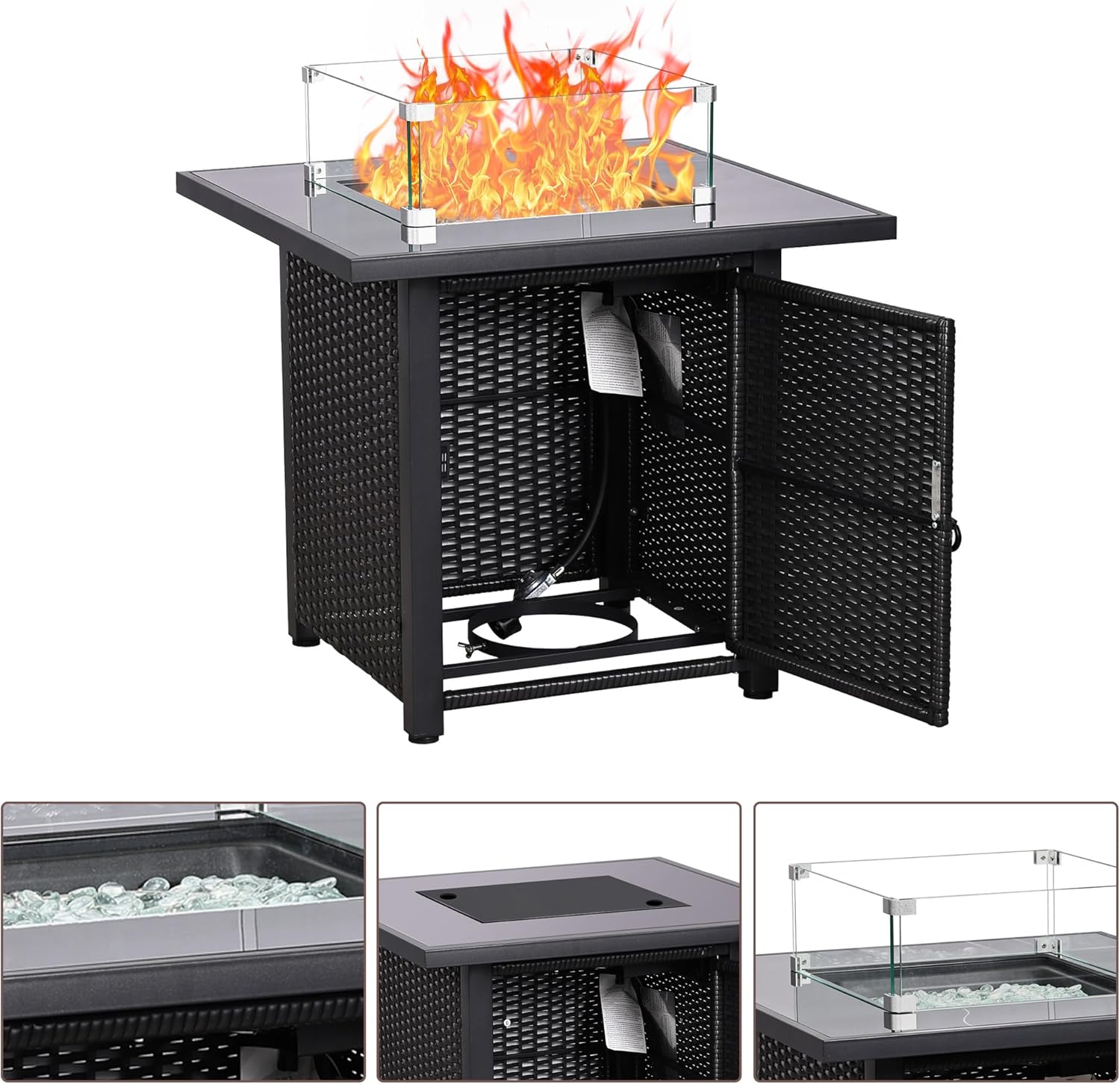 Ainfox 28 Inch Outdoor Fire Pit Table, 50,000 BTU Propane Fire Pit with Lid and Wind Glass Shield, Rattan 3-in-1 Fire Table for Patio, Backyard, Garden