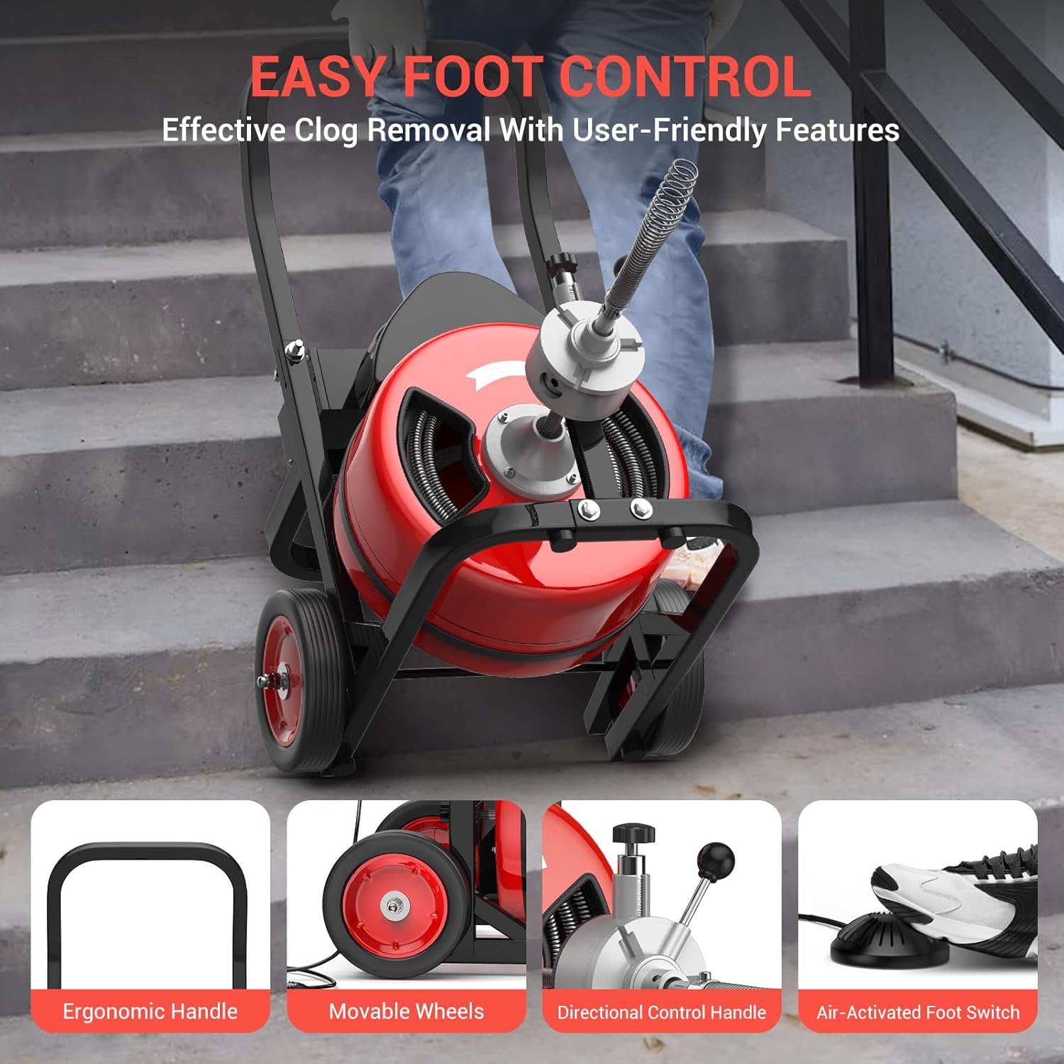 Drain Cleaning Machine 100Ft 3/4 Inch Cable, 450W Auto Feed Portable Electric Sewer Snake, Electric Drain Auger with 4 Cutter Air-Activated Foot Switch for 2