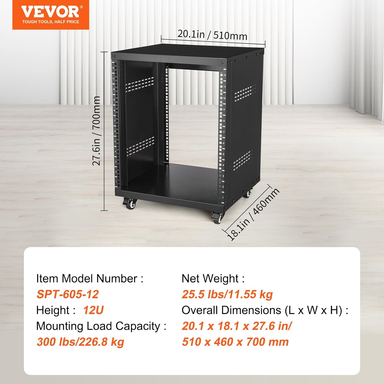 VEVOR 12U AV Rack Stand with Caster Wheels, Component Rack Cabinet Recording Studio Racks, Removable Side Panels, Universal Network Server Case, Special Vents for 19'' Audio Video Rack Mounting