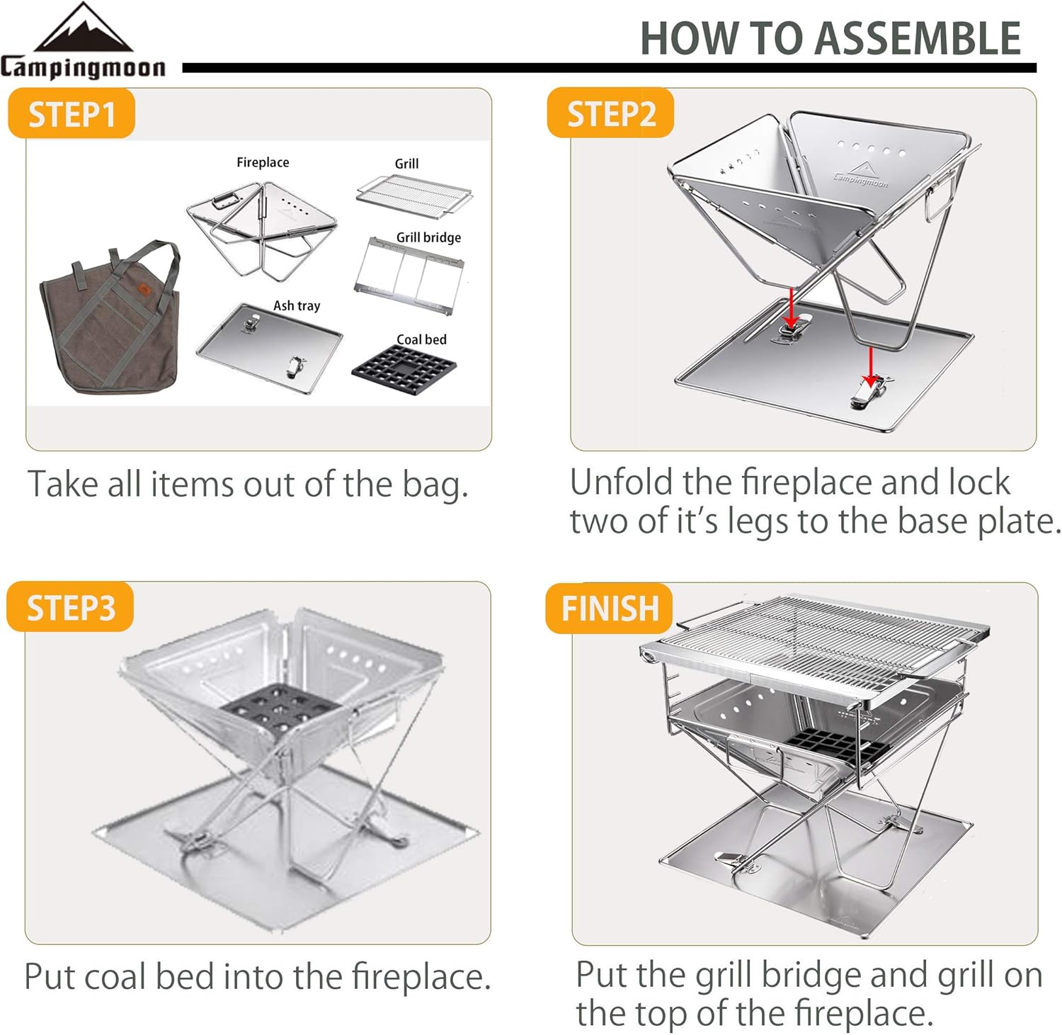 CAMPINGMOON Portable Stainless Steel Wood Burning Grill and Fire Pit 20-inch with Carrying Bag