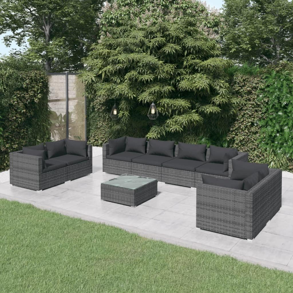 9 Piece Patio Lounge Set with Cushions Poly Rattan Gray Garden Furniture