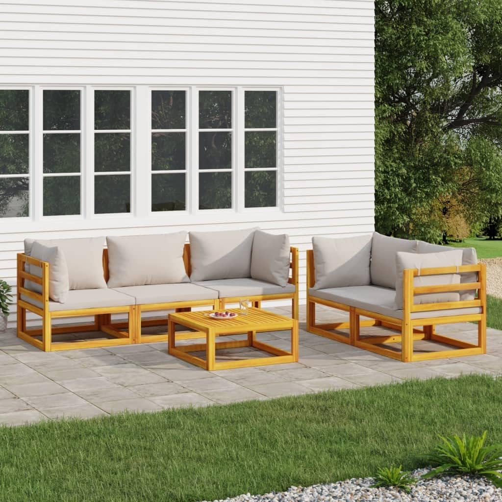 6 Piece Patio Lounge Set with Light Gray Cushions Solid Wood,Elegant Outdoor Acacia Wood Patio Lounge Set with Comfortable Cushions Patio Furniture, Outdoor Furniture Sets
