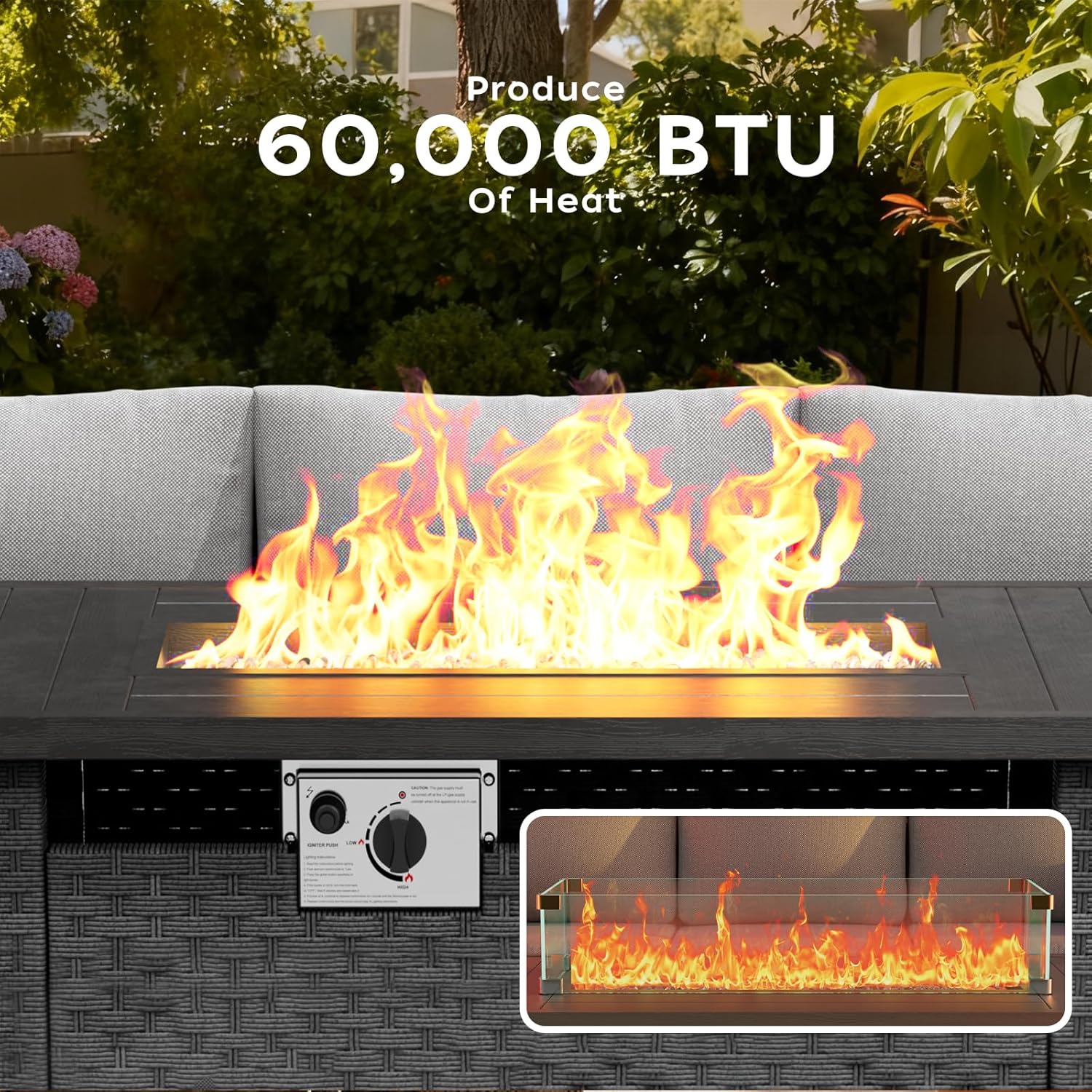 44” Propane Fire Pit Table, CSA Certified 60000BTU Auto-Ignition Patio Fire Tables with Waterproof Cover & Wind Guard, Rectangular Large Wicker Outdoor Firepit Table for Porch,Deck,Backyard,Grey