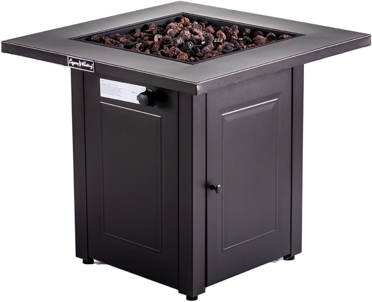 28 in Outdoor Propane Fire Pit Table 50000 BTU, Outdoor Square Gas Fire Pit with Easy Access Door, Rust-Resistant Steel, Brown Finish, for Patio and Backyard Heating with Lava Rocks and Lid