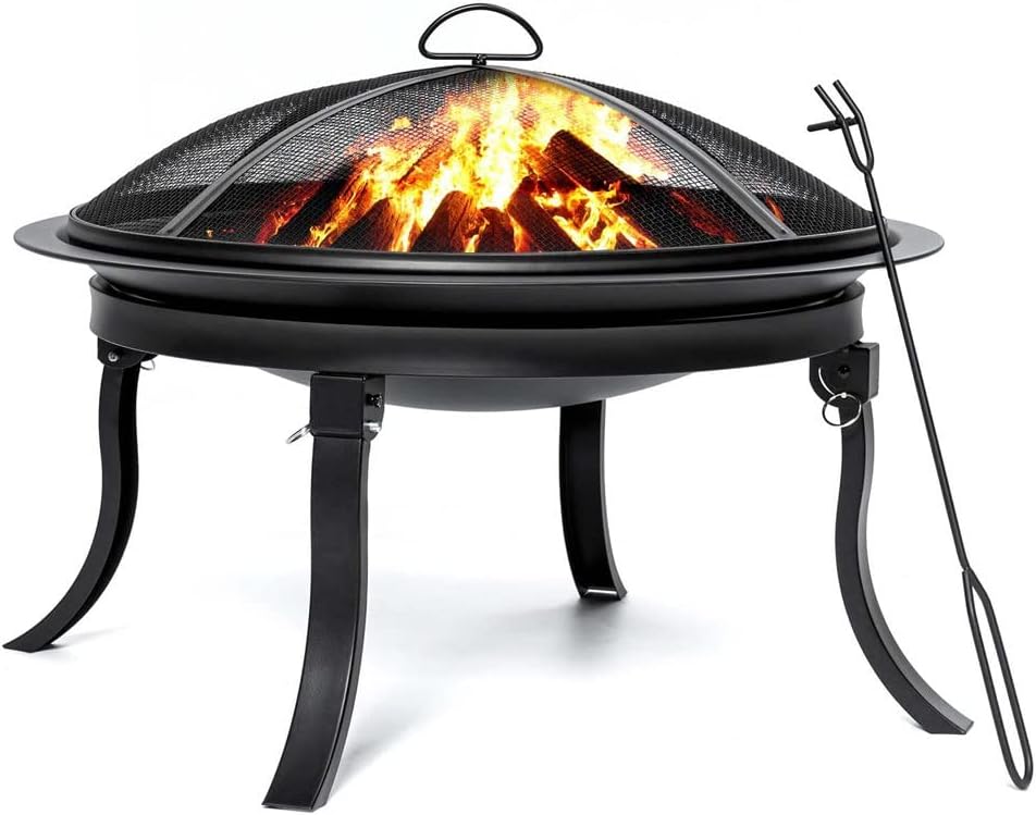 24inch Portable Fire Pits with 4 Foldable Legs Wood Burning Firepit Steel BBQ Grill Fire Bowl for Outdoor Camping Supply, black