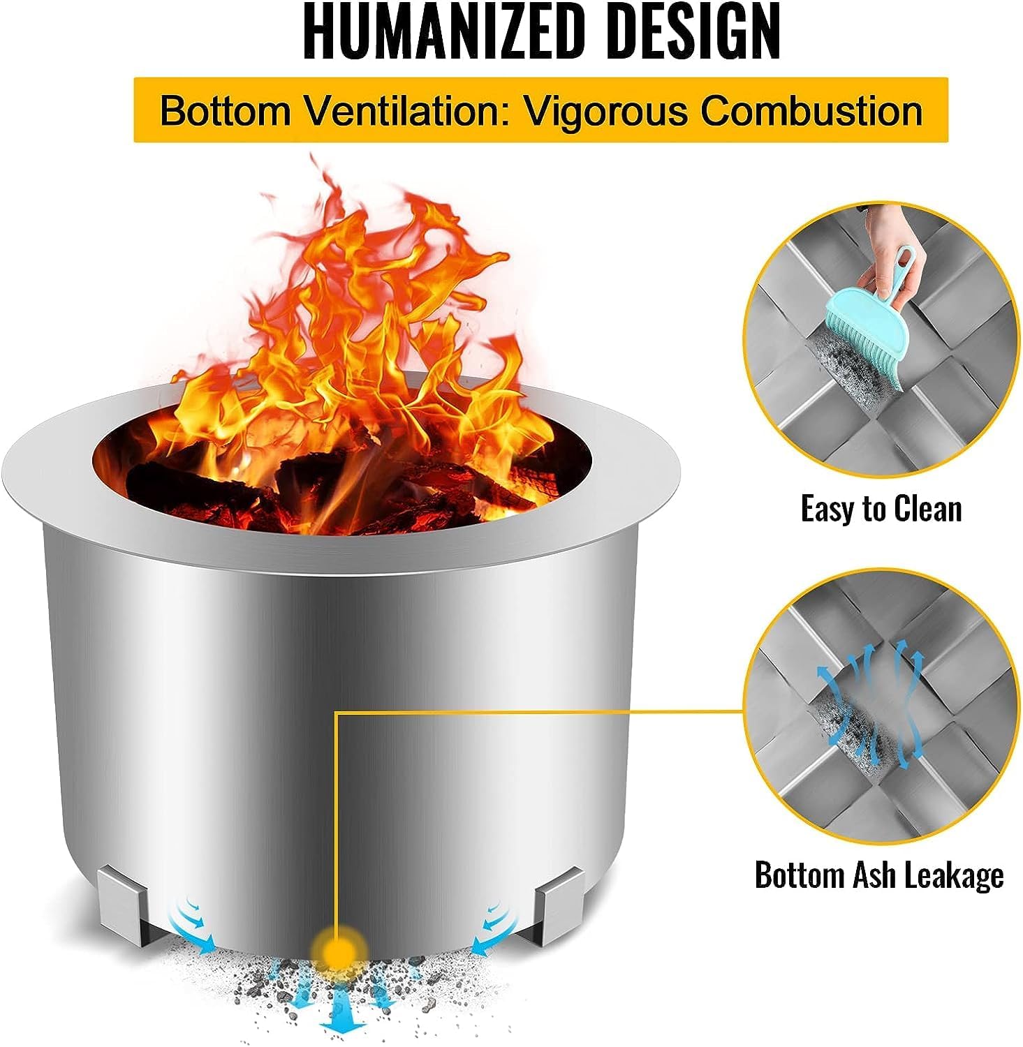 Smokeless Patio Fire Pit, Wood Burning Outdoor Fire Pit - Includes Wood Pack, Modern Design with Removable Ash Pan, 21.5-28.5 Inches, Black,Silver,21.5 Inch