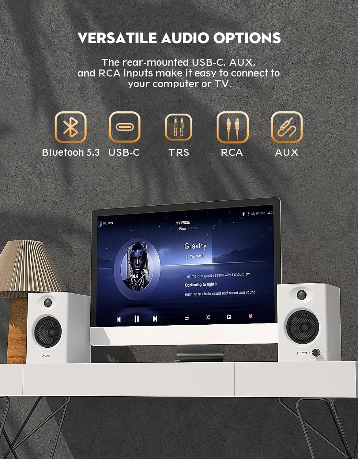 OHAYO 60W Computer Speakers for Gaming and Music, Active Bluetooth 5.3, Stereo 2.0 Speakers for Desktop PC Monitor or Laptop, Surround Sound Speaker, 3.5 mm Aux RCA Input, USB-Powered, 1 Pair, White