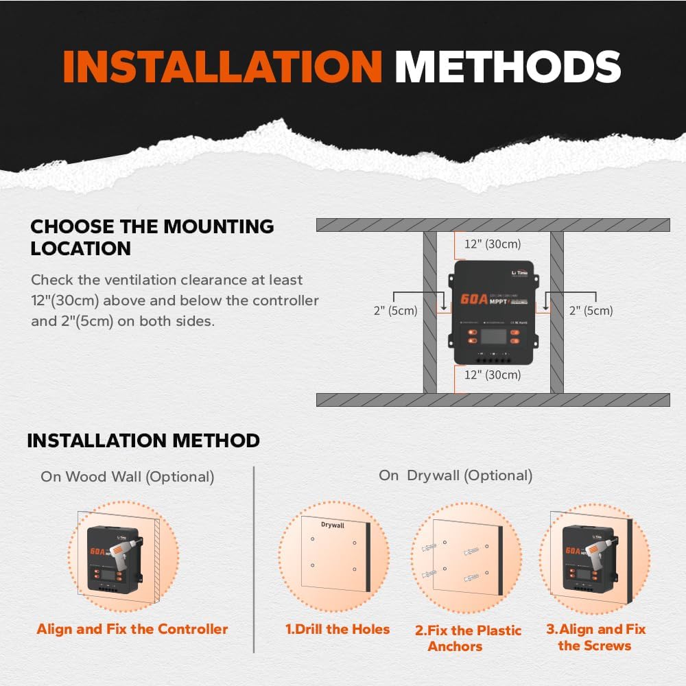 LiTime 60A MPPT Solar Charge Controller (No Build-in Bluetooth), 12V/24V/36V/48V Auto, Max PV Input 200VDC LCD Display Solar Panel Regulator for LiFePO4/Lead-acid Battery