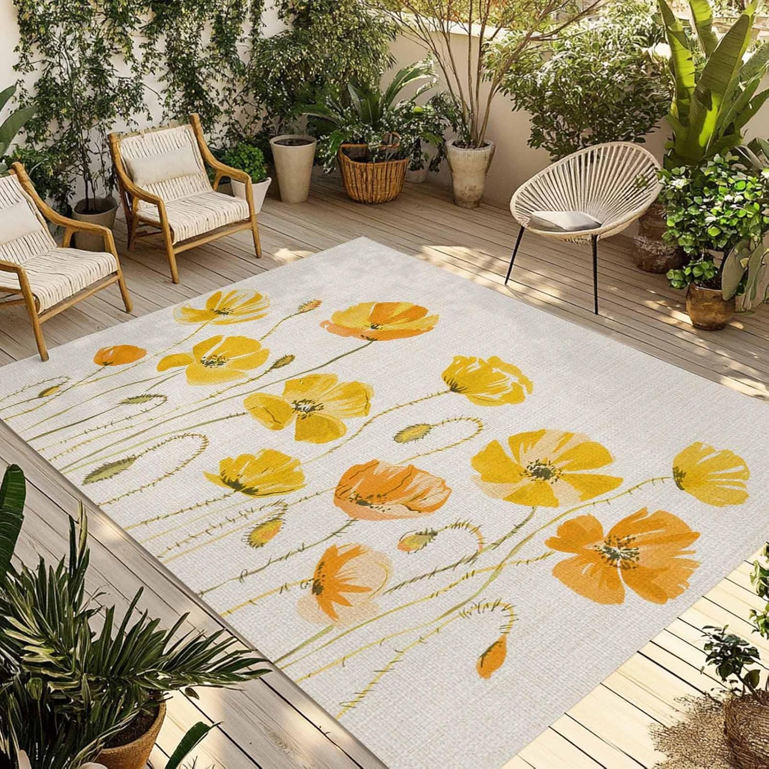 Outdoor Rug Yellow Flower Patio Rug 5' x 8'. Spring Floral Watercolor Burlap Texture Indoor Outdoor Area Rugs, Washable Large Floor Rug Mats for Patio, Deck, Backyard