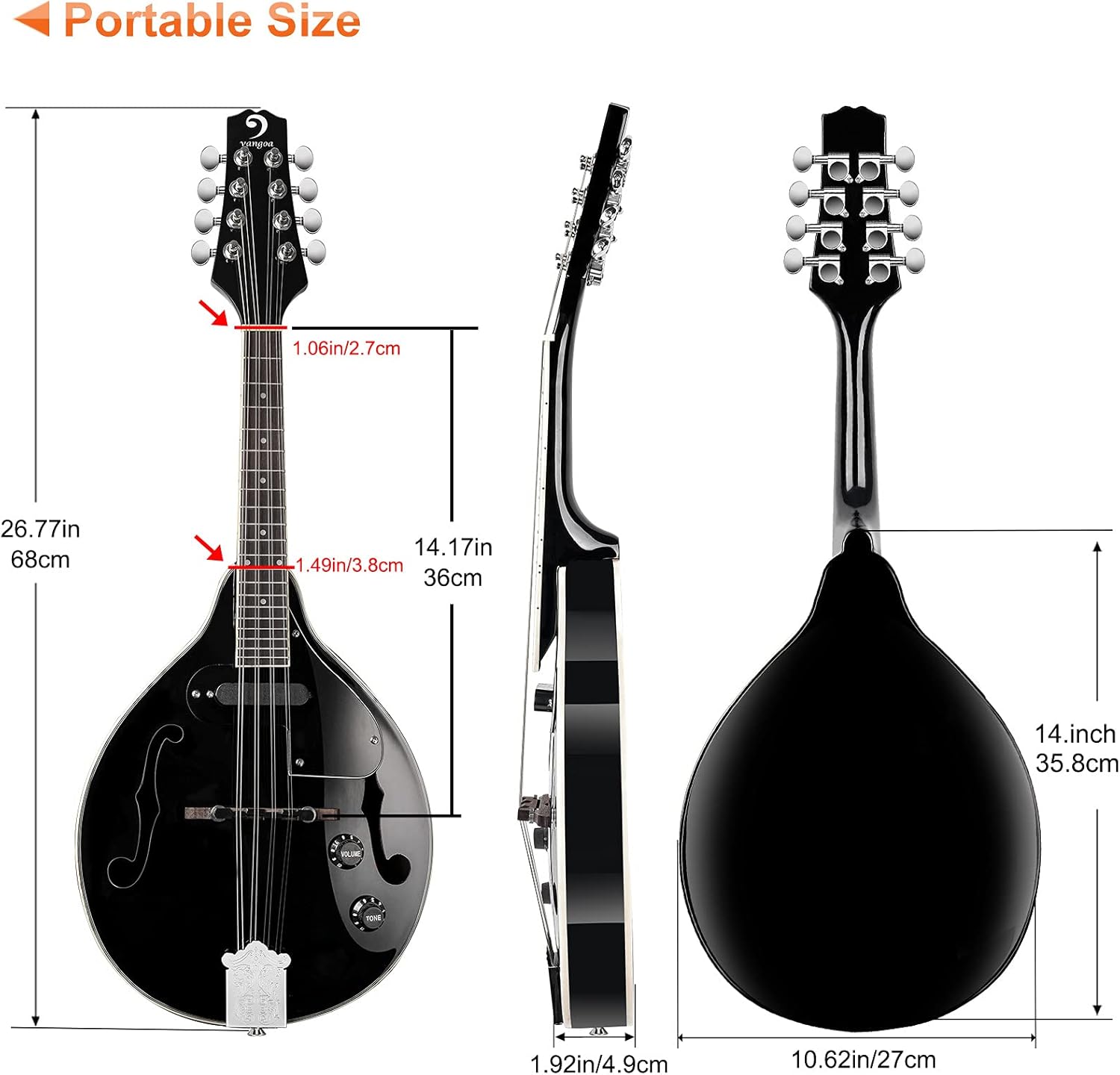 Vangoa Mandolin Instrument Mahogany Acoustic Electric A Style Mandolin Musical Instrument for Beginner Adults Teens Kids, Black