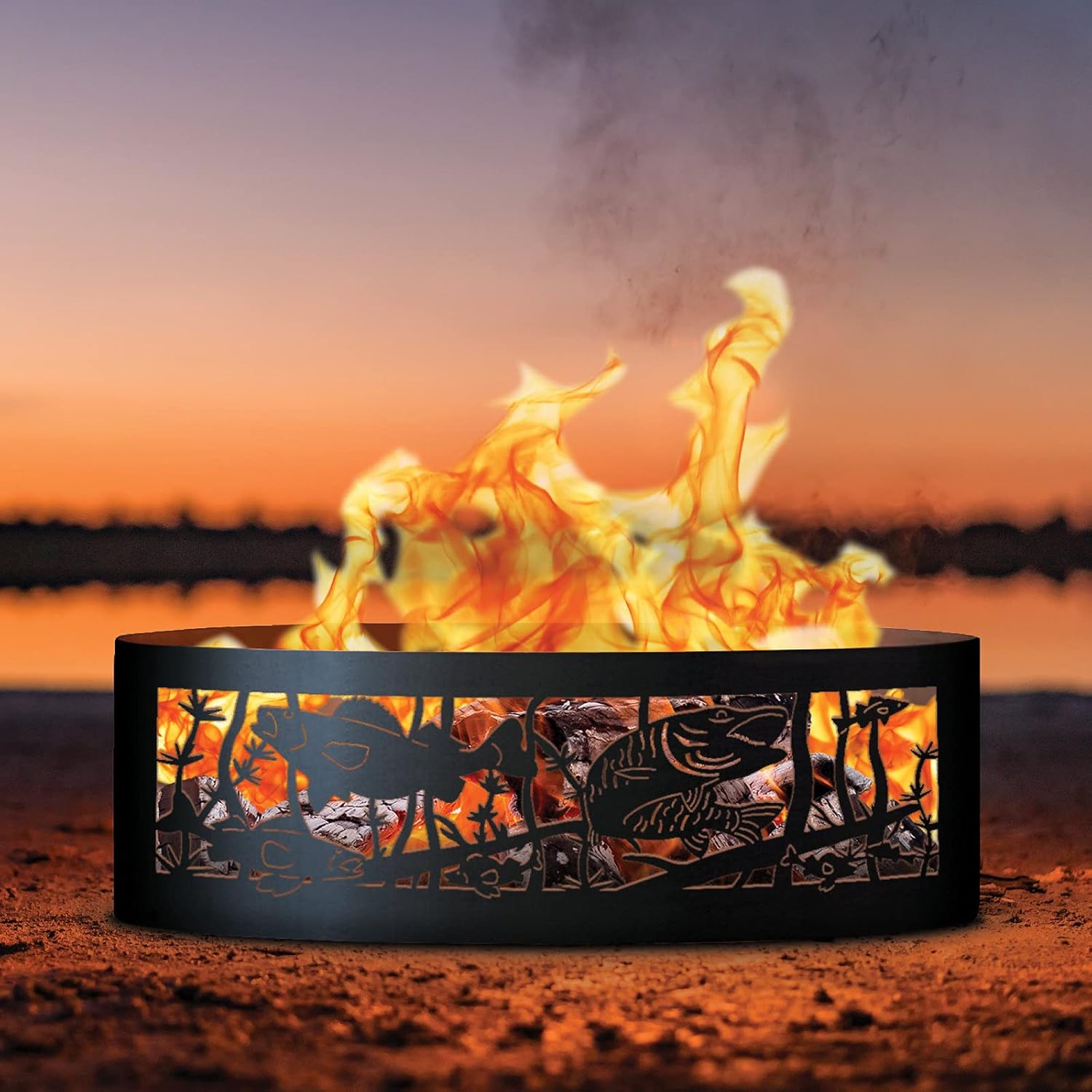 PD Metals FH01230-FP Fishing Hole Unpainted 12 in. Tall 30 in. Diameter Outdoor Fire Ring with Fire Poker - 30 x 30 x 12 in. - Rustic Black Color