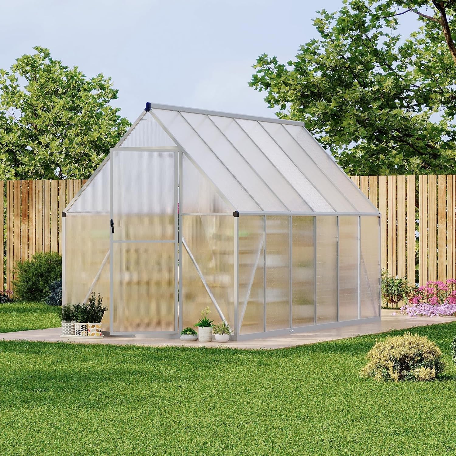 6 x 11 FT Walk-in Outdoor Polycarbonate Greenhouse with Aluminum Frame, Large Garden Greenhouse with Adjustable Roof Vent, Lockable Push Door & Stable Base System for Backyard Planting, Silver