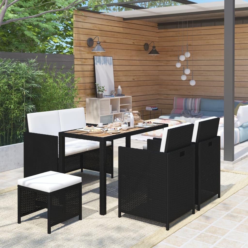 6 Piece Patio Dining Set Poly Rattan and Acacia Wood Black Garden Furniture