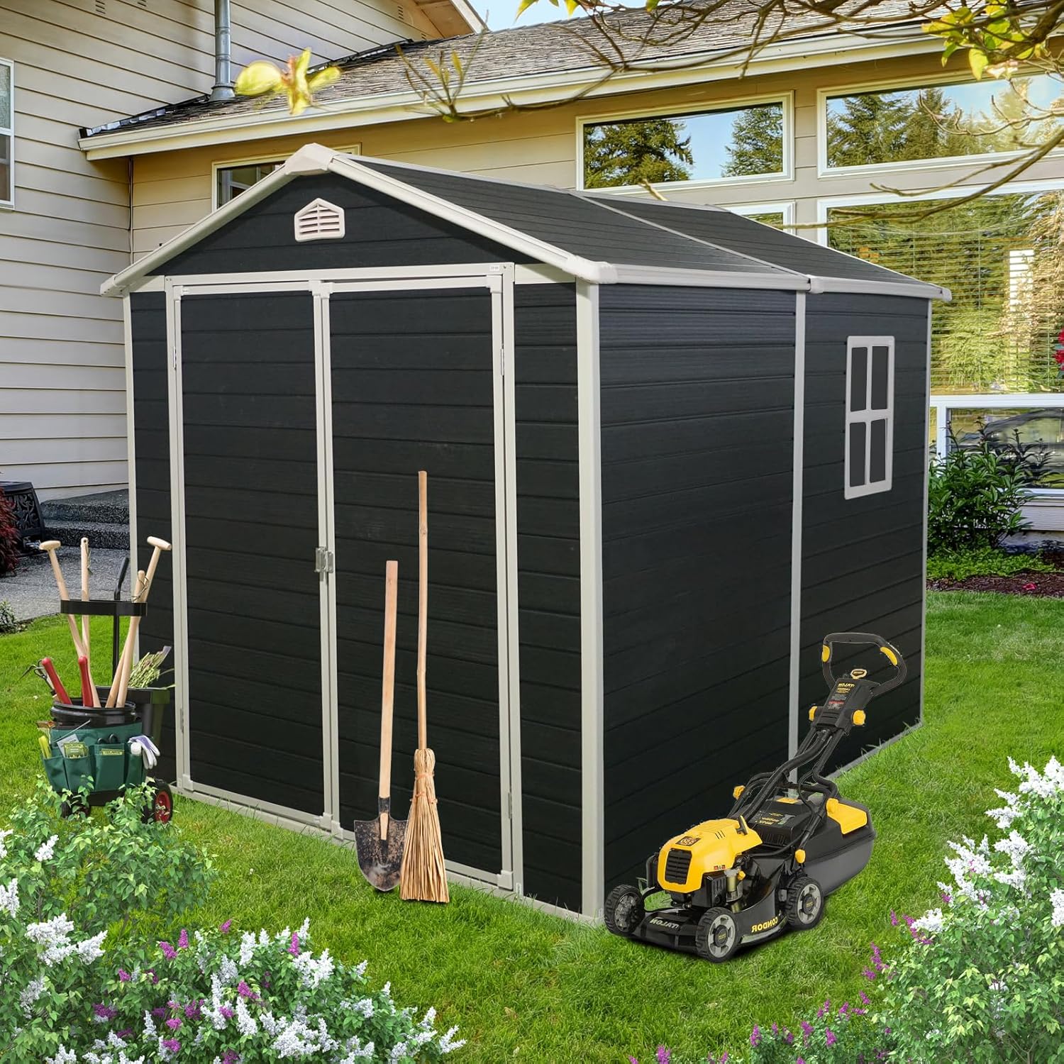 Outdoor Storage Shed Waterproof Metal Garden Tool Bike Sheds Kit Lean to Backyard Storage Building Cabinet House with Floor Included,6 * 8FT