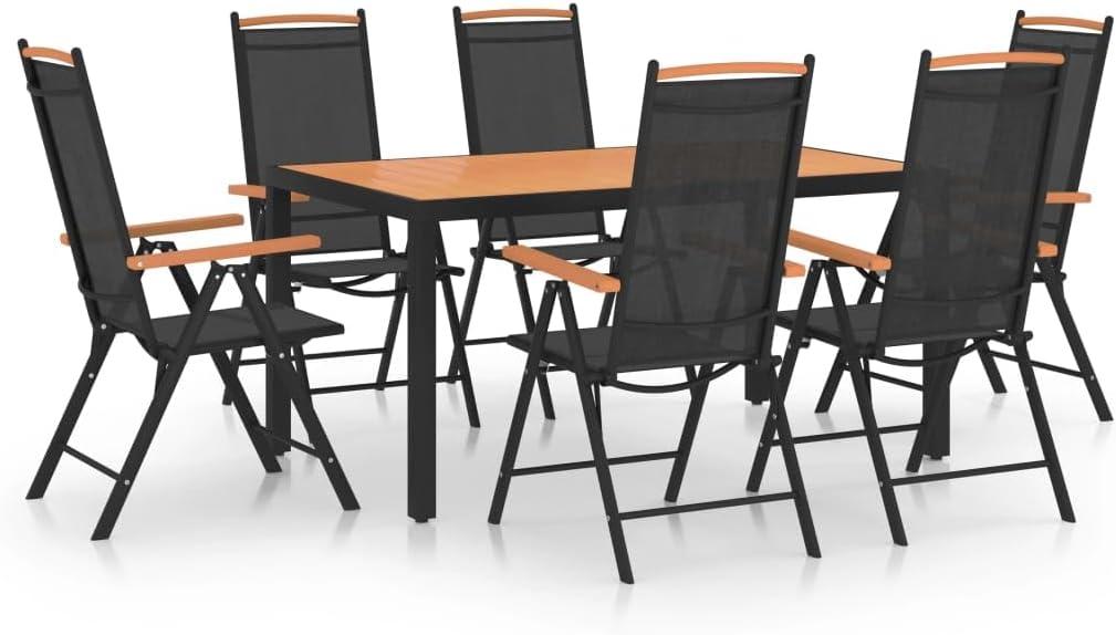 Furniture Sets 7 Piece Patio Dining Set Aluminum Black,Outdoor Patio Dining Set with Adjustable Reclining Textilene Chairs and WPC Tabletop Garden Conversation Sets