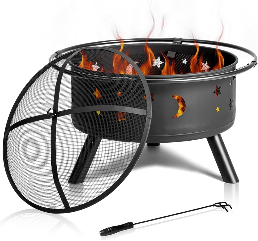 30 Inch Fire Pit, Wood Burning Fire Pits for Outside with Spark Screen and Poker, Outdoor Firepit, for Backyard, Porch, Camping, Picnic, Heating (Black)