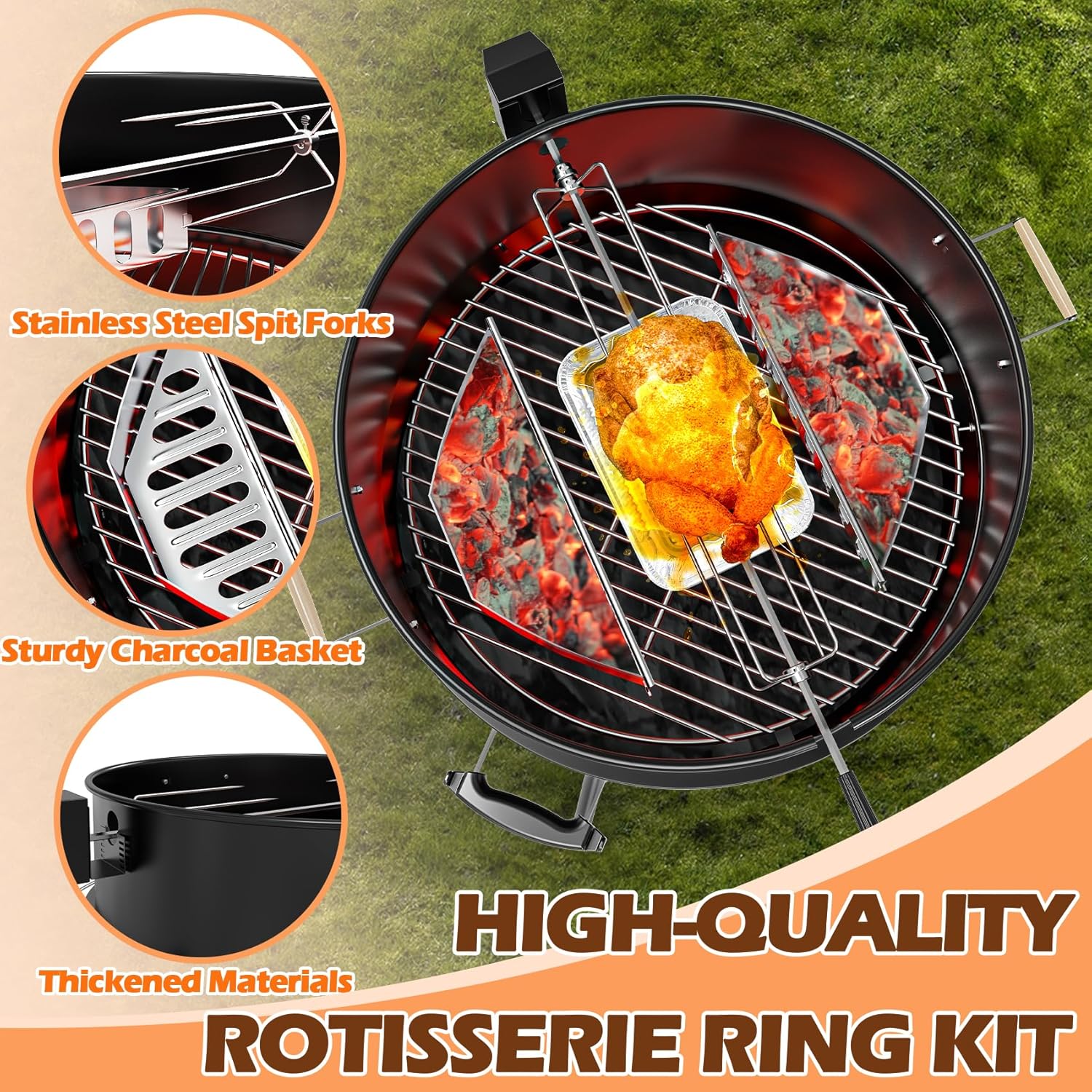 Upgraded Rotisserie Kit for Weber 22 inch Kettle Charcoal Grills Accessories, Rotisserie Grill Kit for Weber & Other Similar Size Grills, with Handles, Charcoal Baskets,10 Pcs Drip Pans, Black