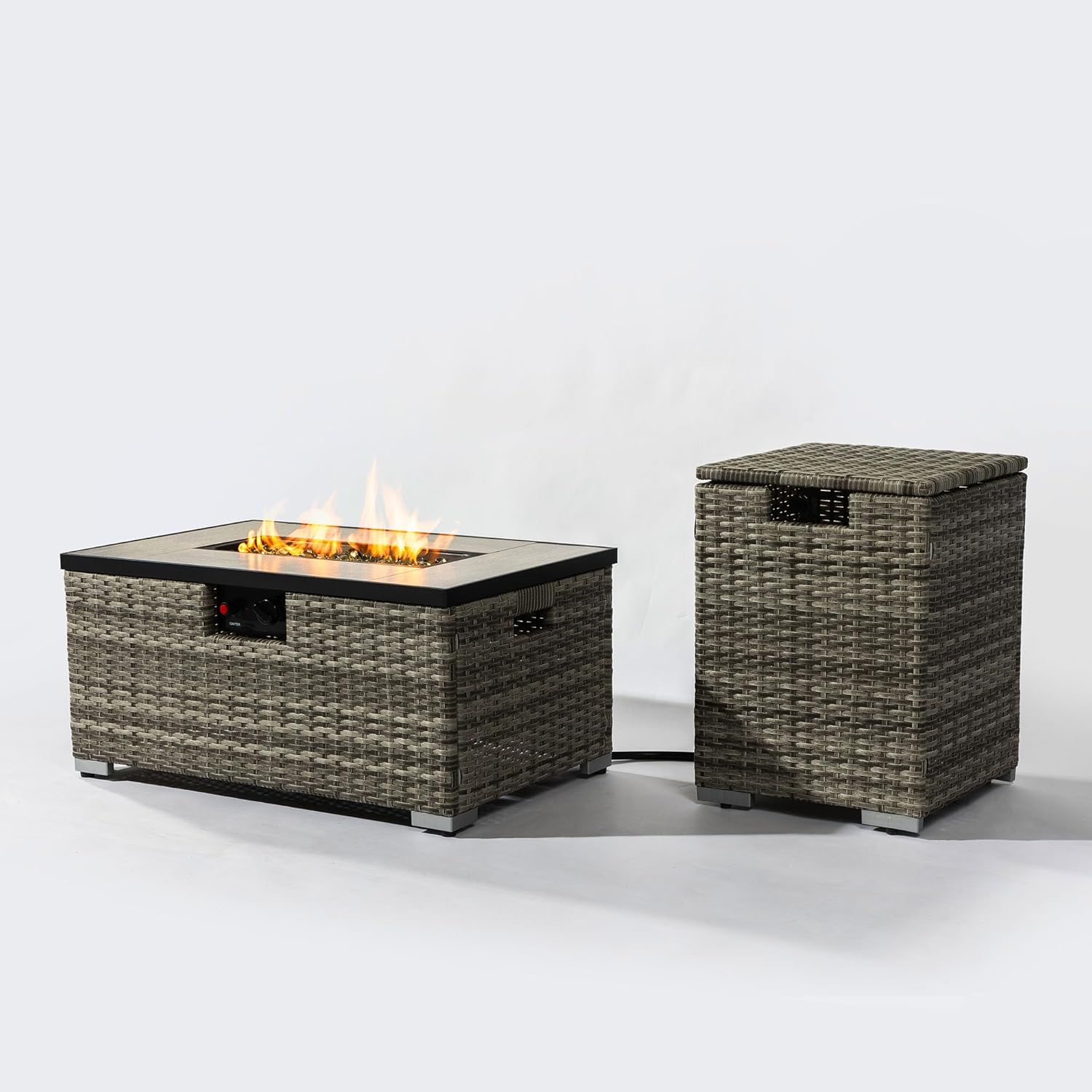 32 Inch Propane Fire Pit Table: Modern Wicker Design with 50000 BTU Heating & Storage Stool - Outdoor Gas Fire Table for Vacation Rental Gardens & Patio Decor W853P202196