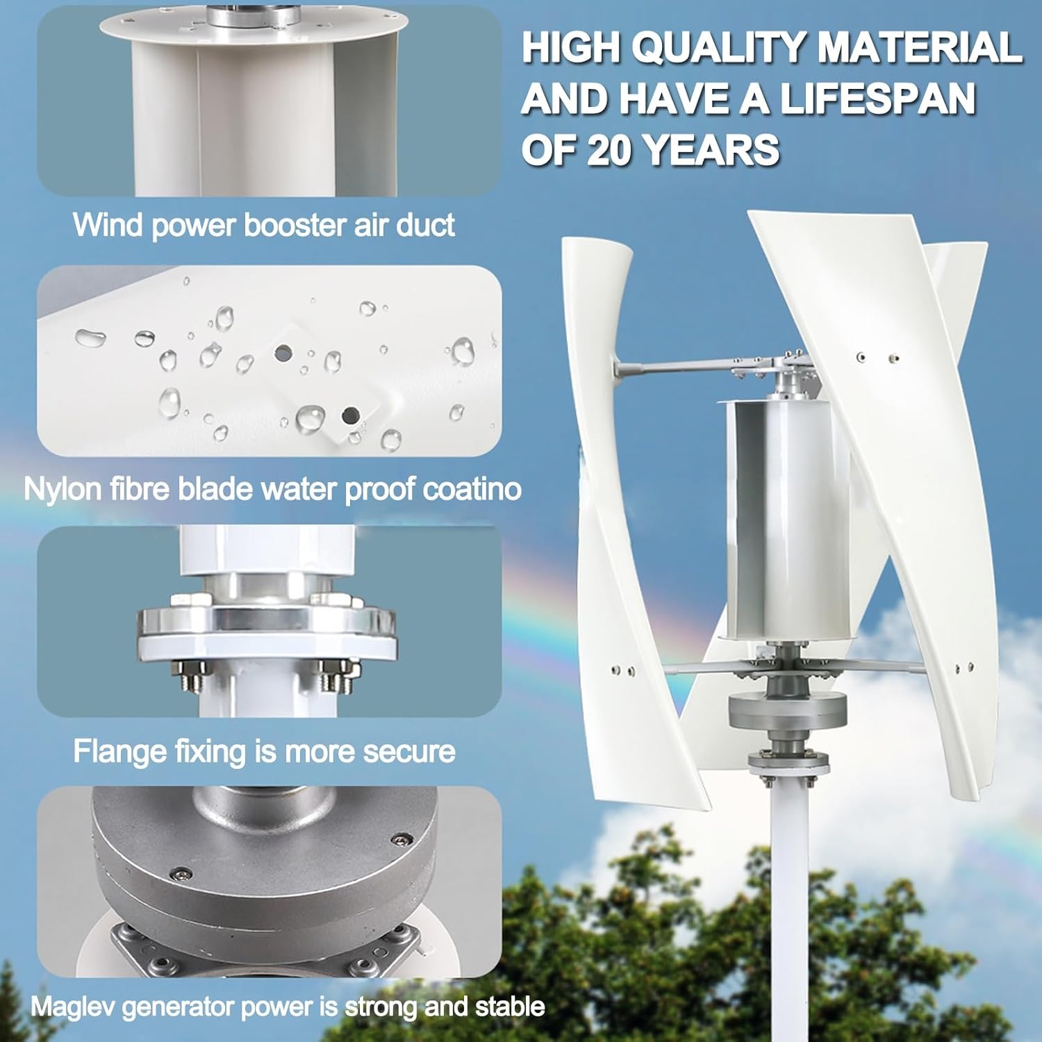 Wind Turbine, Vertical Axis Wind Turbine Generator,Spiral Shape, Breeze Start, 100w-300w Magnetic Suspension Windmill Generator Kit, 3 Nylon Blades, Suitable for Outdoor, Home Use(100W-24V)