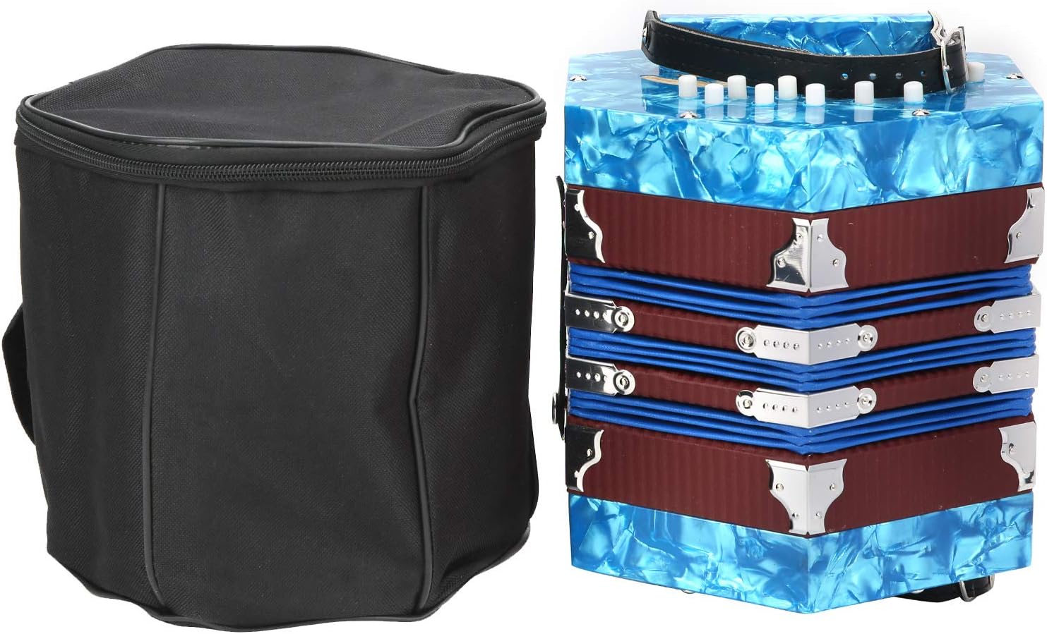 Concertina Accordion Portable, Solid Wood and Leather, 18x17x17cm, 3 Colors - Adjustable Strap, Lightweight with Carry Bag, Ideal for Beginners and Adults (Sky Blue)