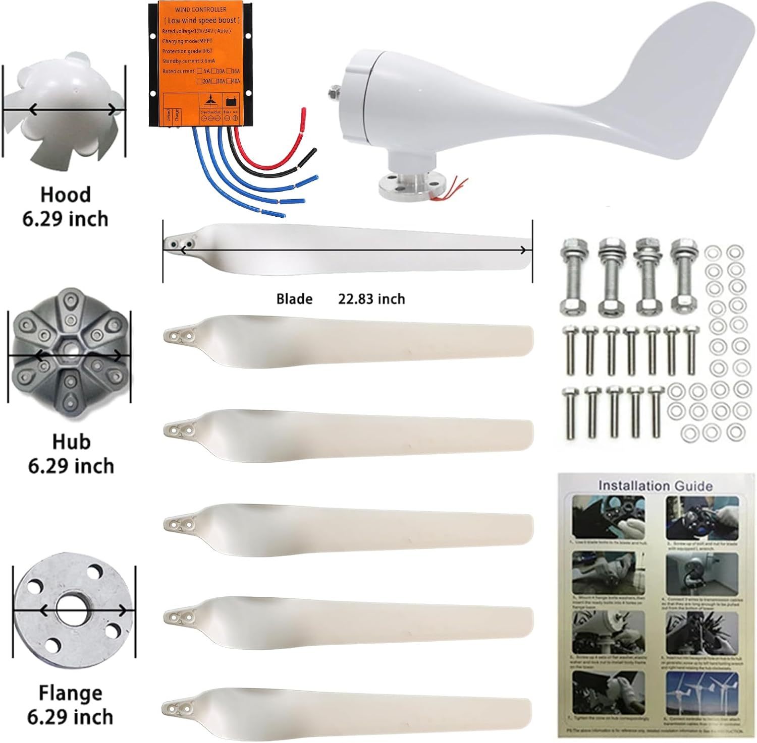 Wind Turbine Generator 400W 24V 6-Blade Wind Power Generator with Mppt Charge Controller,RV Wind Power Generator, Off Grid Windmill Generator Suit for Hybrid Solar Wind System