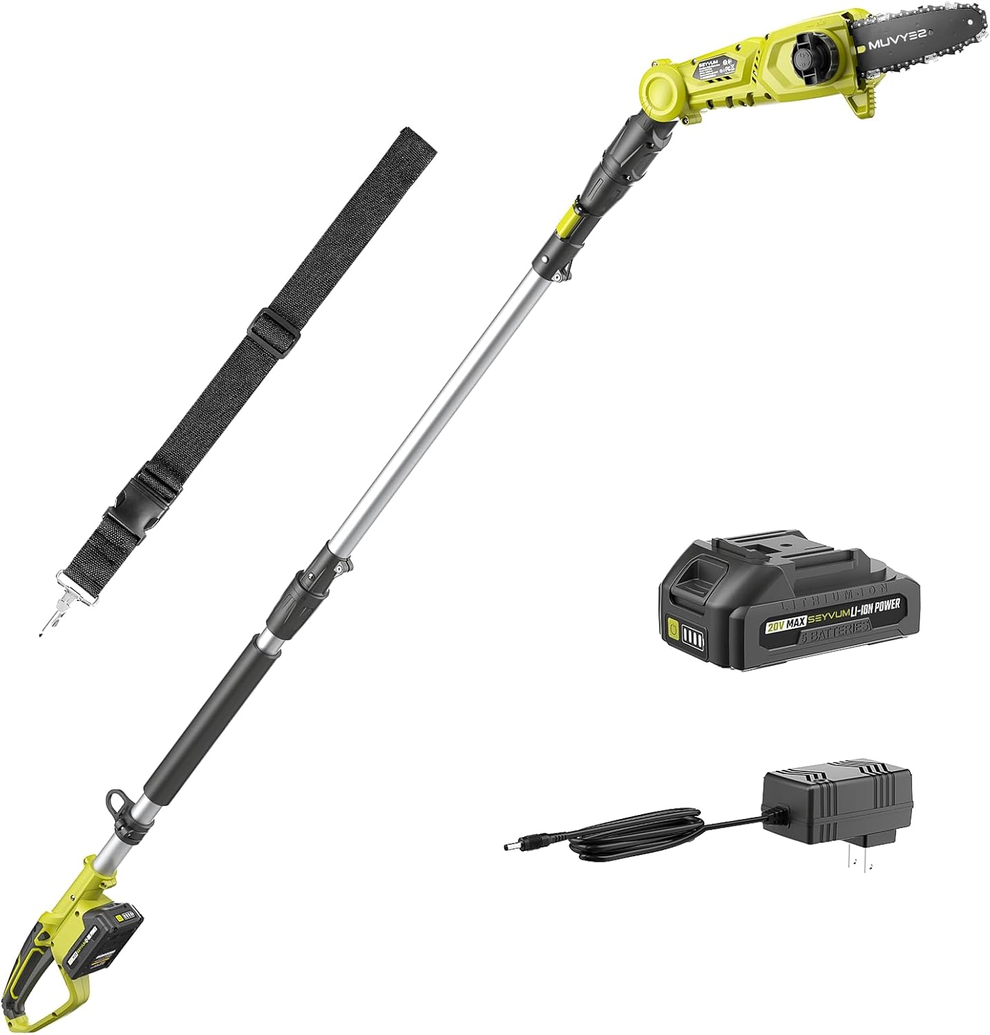 SEYVUM Pole Saw 8-Inch Cordless Pole Saws for Tree Trimming, 15FT Max Reach, Auto Oiling, Multi-Angles, Tool-Free Tensioning Electric Pole Chainsaw, 2.0Ah Battery and Charger Included