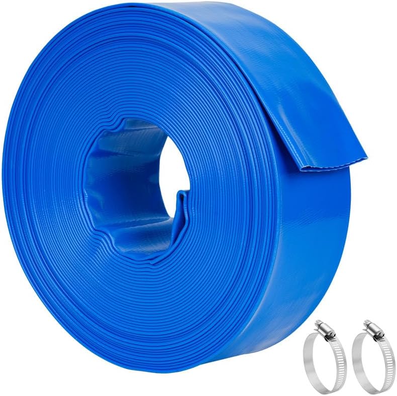 2.5 IN x 100 FT Pool Backwash Hose - Heavy Duty Drain Drainage PVC Flat Water Hose above Ground Swimming Pool Hoses for Sump Pump Discharge & Pool Filter, with Clamp (Blue)