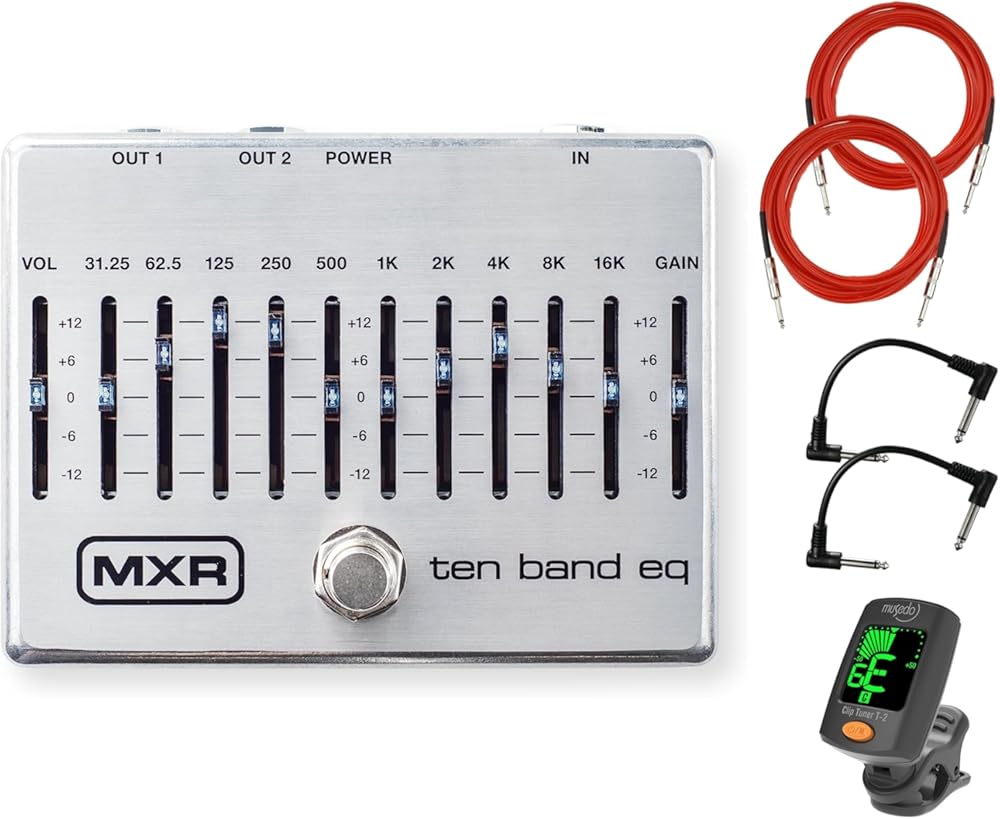 MXR M108S 10 Band EQ Effects Pedal Bundle with 2 Instrument Cables, 2 Patch Cables and Tuner