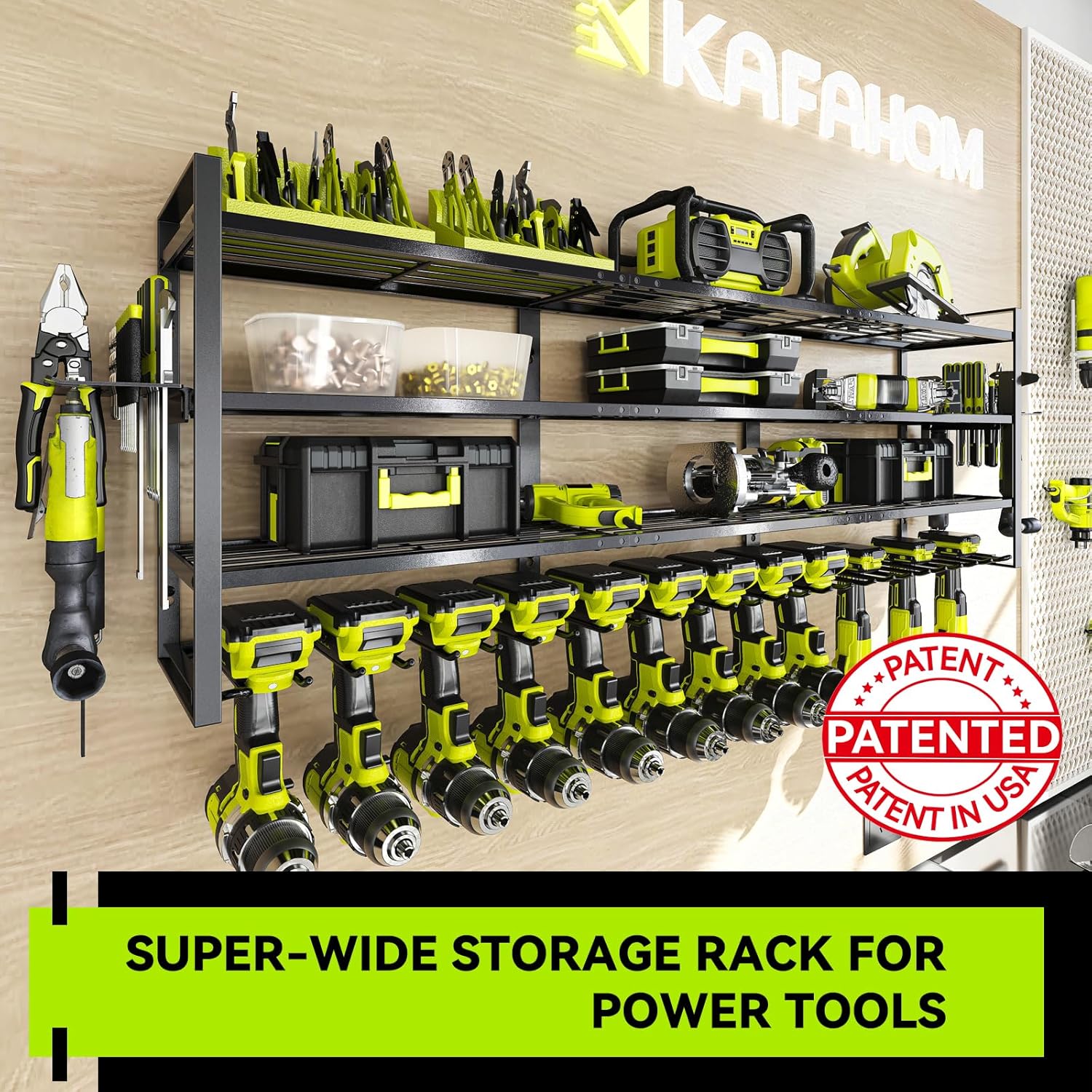 KAFAHOM Large Power Tool Organizer Wall Mount-13 Drill Holder for Garage,4 Layer Power Tool Rack,Tool Organizer and Storage with 2 New Accessories, Gifts Idea for Men Dad Husband