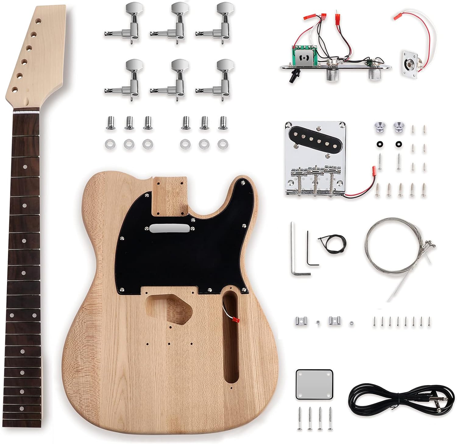DIY Electric Guitar Kit Beginner Kit 6 String Right Handed with Ash Body Hard Maple Neck Rosewood Fingerboard Chrome Hardware Build Your Own Guitar.
