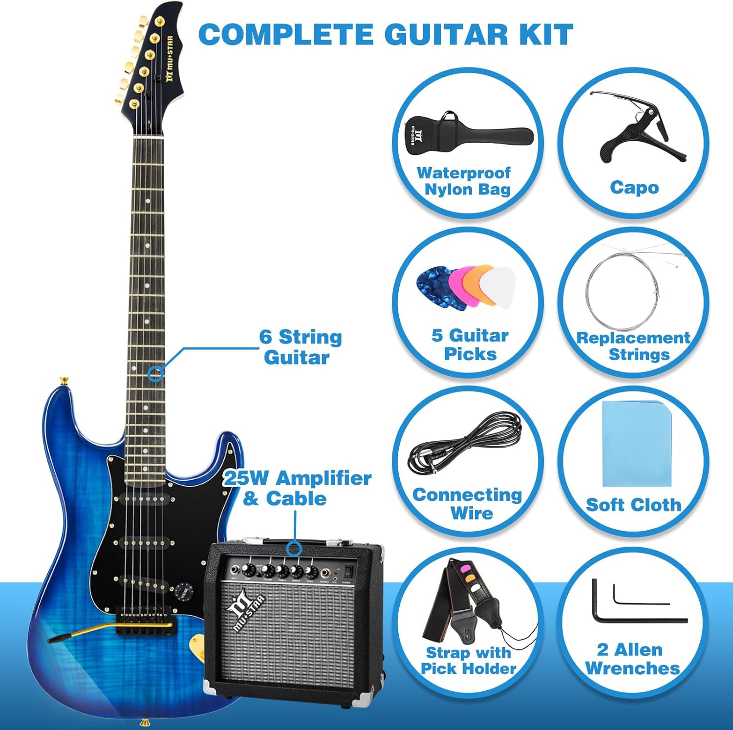MUSTAR Electric Guitar Kit with 25W Amplifier, 39 Inch Full Size Solid Wood Electric Guitar Beginner Kits, Gig Bag, Capo, Strap, Cable, Picks, Birthday Holiday Gifts (BLUE)
