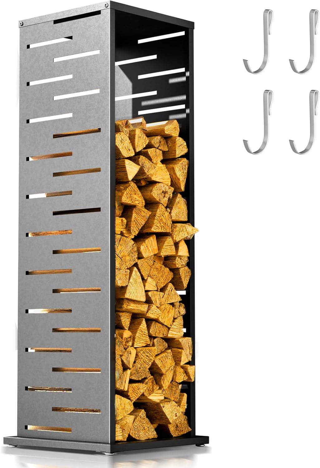 4ft Firewood Rack with Louver Pattern, Fire Wood Log Holder as Indoor Plant Stand, Outdoor Privacy Screen, Firewood Storage for Fire Pits Fireplace Pergola Gazebo Patio Deck Balcony Black