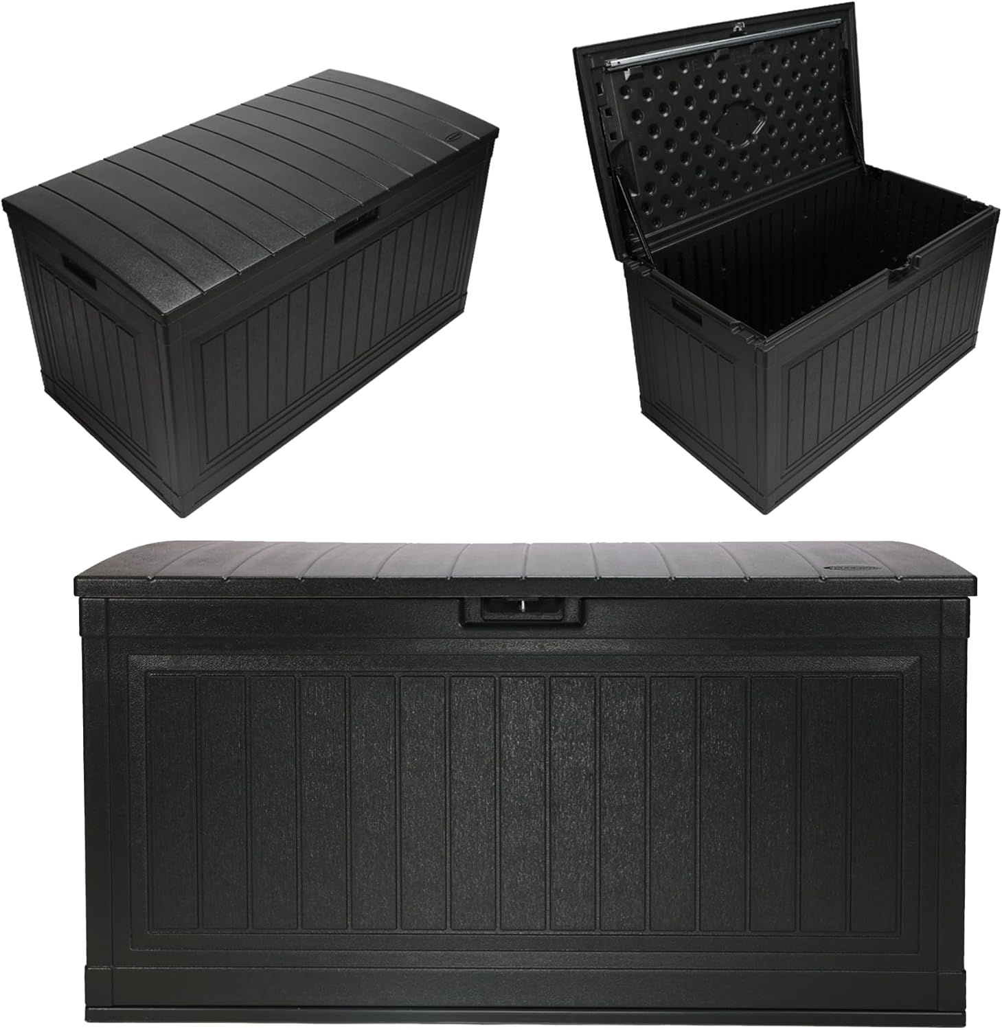 Suncast 80-Gal. Waterproof Resin Large Outdoor Patio Deck Box with Pad-Lockable Lid, Modern Outdoor Patio Bench/Storage Box for Cushions, Garden Tools, and More, Iron Ore