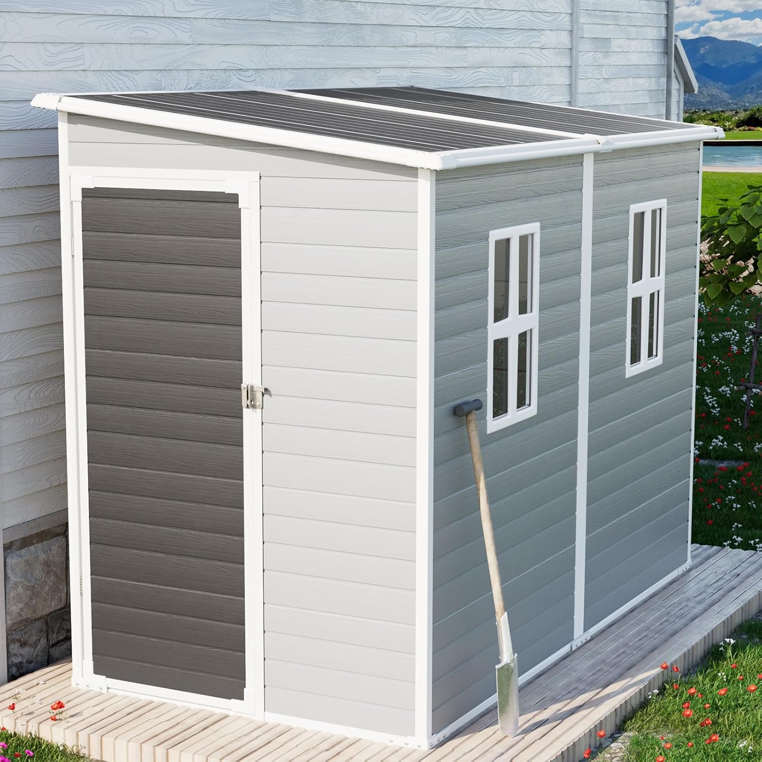 CDCASA 4x8 FT Resin Lean to Shed, Waterproof Outdoor Storage Sheds with Floor & Lockable Door & 2 Windows, Vent, Outside Plastic Tool Shed for Backyard Patio Poolside Lawn, Gray