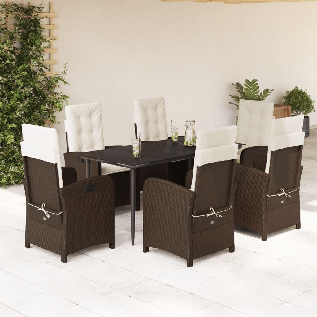 Furniture Sets 7 Piece Patio Dining Set with Cushions Brown Poly Rattan,Versatile Garden Dining Set: Comfortable and Durable for Outdoor Living Garden Conversation Sets