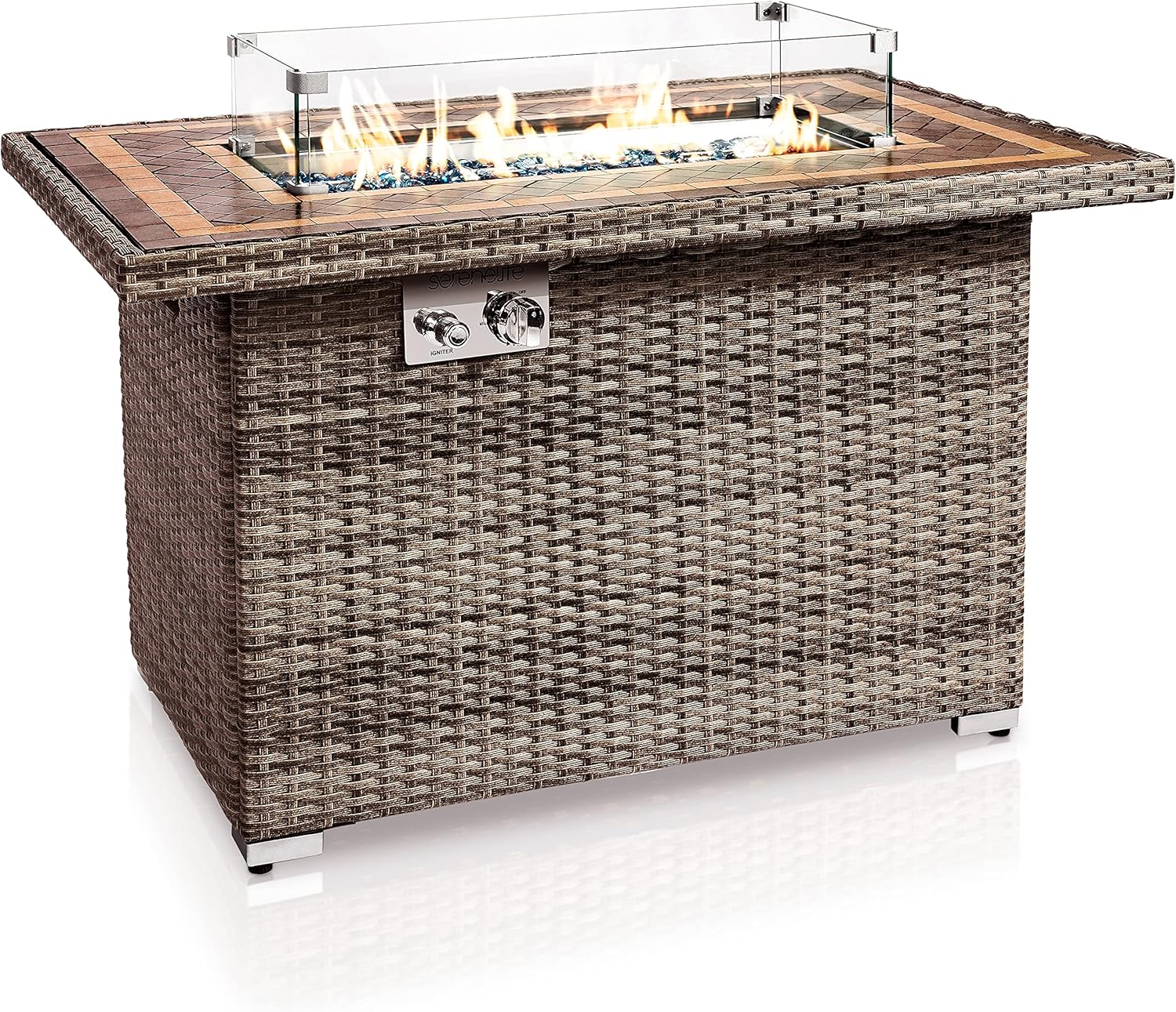 SerenelifeHome Outdoor Propane Fire Pit Table- 50,000 BTU Auto-Ignition Gas Fire Pit w/Glass Wind Guard, Mosaic Tabletop with PE Rattan Base