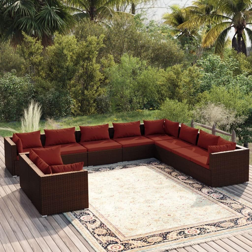 10 Piece Patio Lounge Set with Cushions Brown Poly Rattan,Modern Poly Rattan Patio Lounge Set for Relaxation and Comfort Patio Furniture Sets, Outdoor Furniture Sets