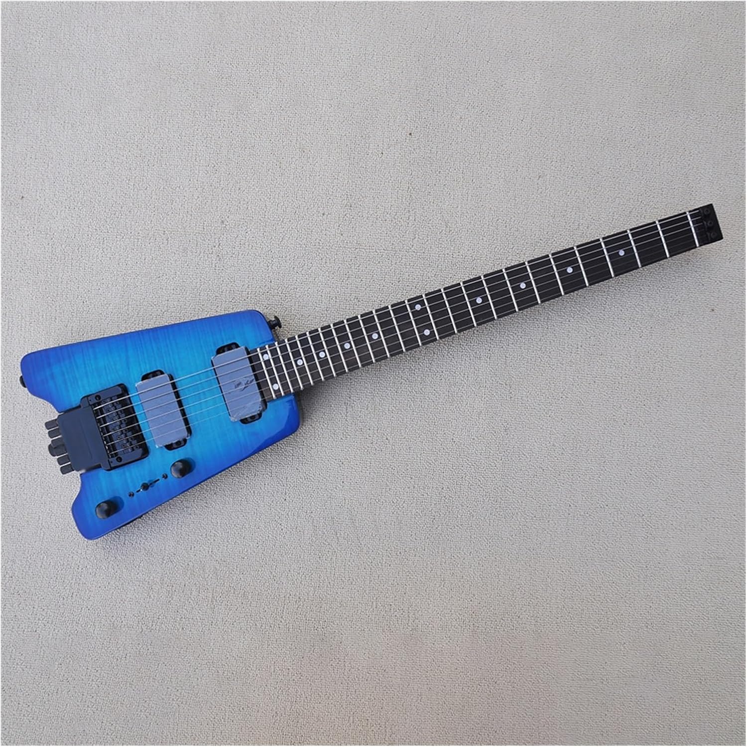 Blue Portable Travel Flame Maple Veneer Headless Electric Guitar with Rosewood Fretboard 24 Frets Professional Headless Guitar
