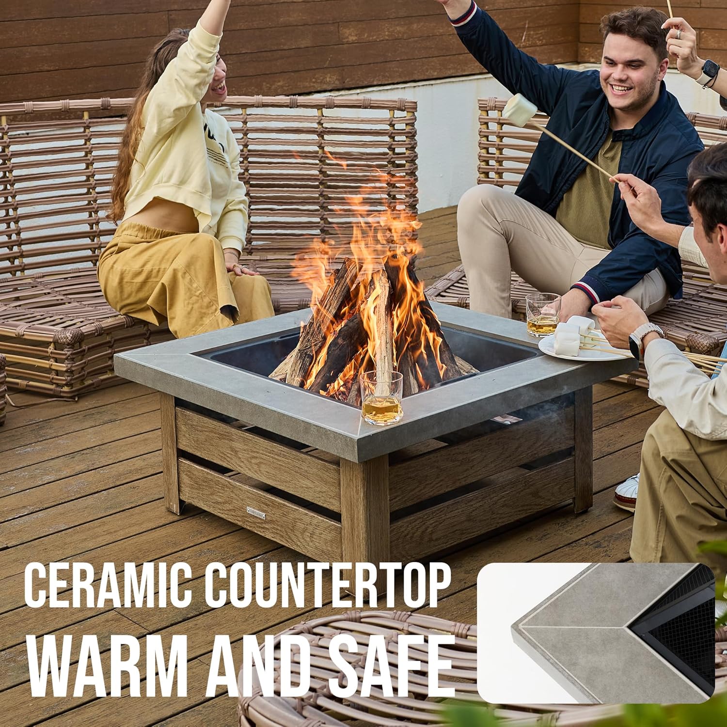 Firepits for Outside，Wood Burning Fire Pit with Wood-Grain Side Panels,Firepit for Outside with Mesh Cover & Fire Poker,Square Modern Outdoor Fireplace Fire Table. (Countryside)