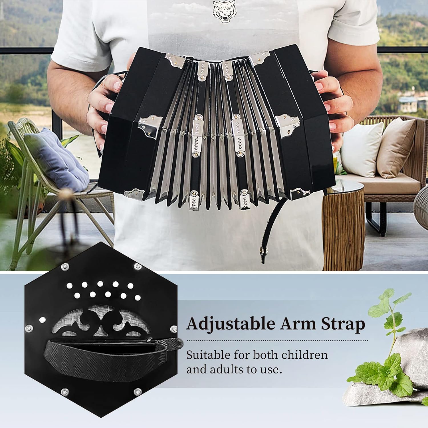 Concertinas，20 Buttons Accordion For Adults Professional Accordion for Beginners, Adjustable Hand Strap, Musical Instrument Accessories With Carrying Bag, Harmonica,Wipe Cloth (black)